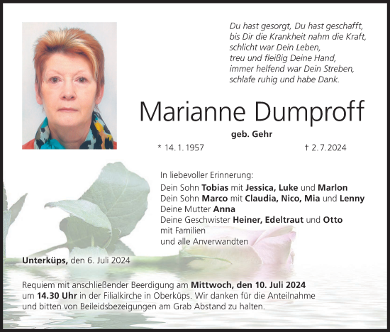 Anzeige von Marianne Dumproff von MGO