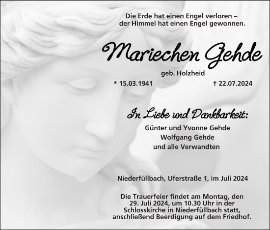 Anzeige von Mariechen Gehde von MGO