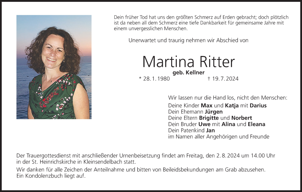  Traueranzeige für Martina Ritter vom 30.07.2024 aus MGO