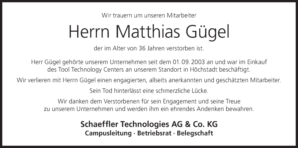 Traueranzeige für Matthias Gügel vom 22.07.2024 aus MGO
