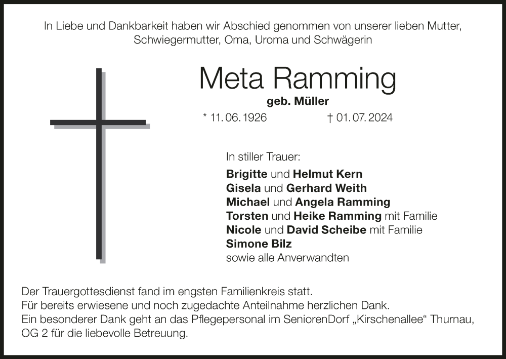  Traueranzeige für Meta Ramming vom 09.07.2024 aus MGO