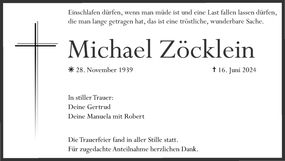  Traueranzeige für Michael Zöcklein vom 06.07.2024 aus MGO