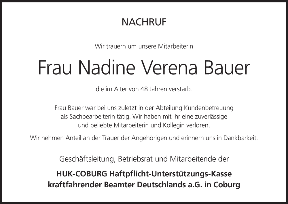  Traueranzeige für Nadine Verena Bauer vom 30.07.2024 aus MGO