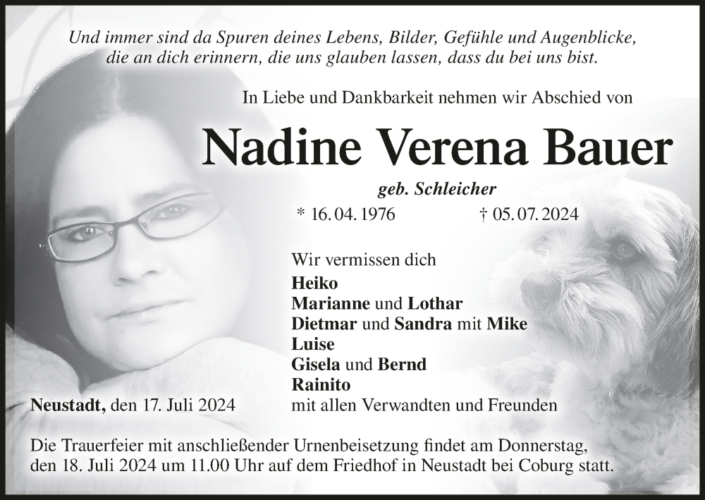  Traueranzeige für Nadine Verena Bauer vom 17.07.2024 aus MGO