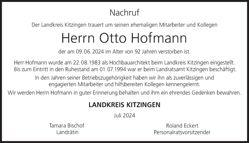  Traueranzeige für Otto Hofmann vom 27.07.2024 aus MGO