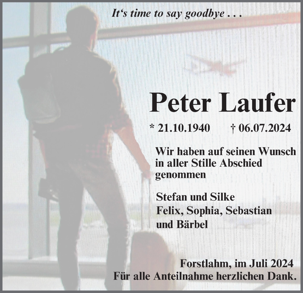  Traueranzeige für Peter Laufer vom 27.07.2024 aus MGO