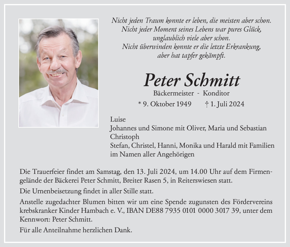  Traueranzeige für Peter Schmitt vom 06.07.2024 aus MGO