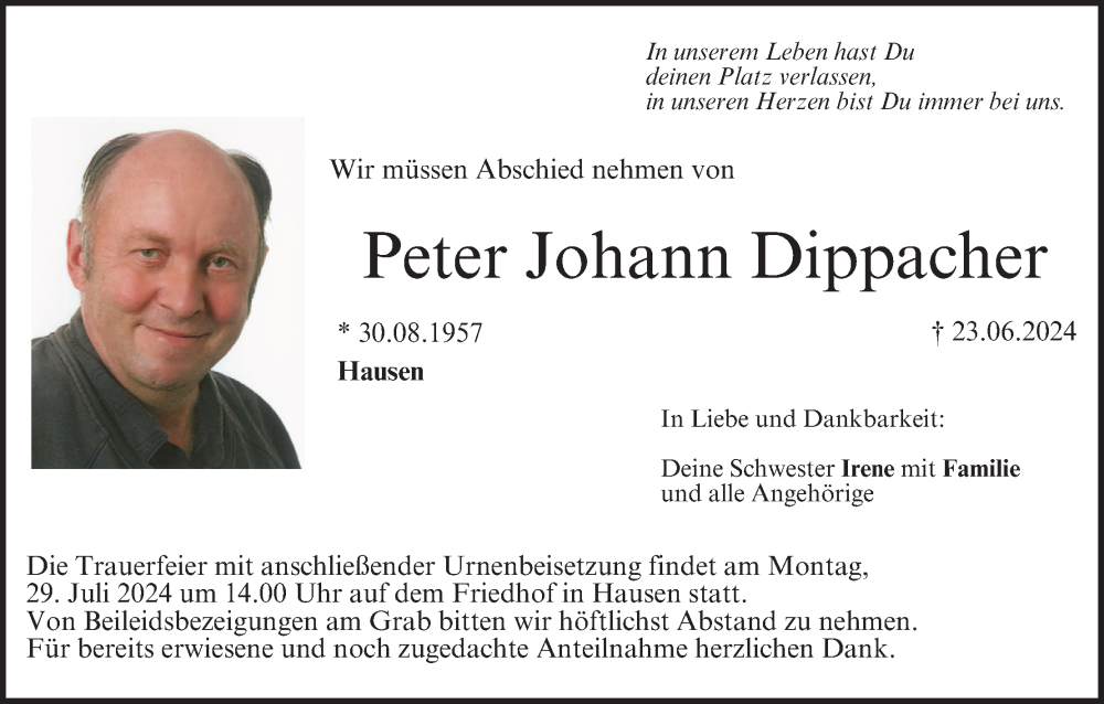  Traueranzeige für Peter Johann Dippacher vom 27.07.2024 aus MGO