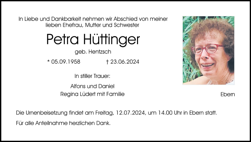  Traueranzeige für Petra Hüttinger vom 06.07.2024 aus MGO