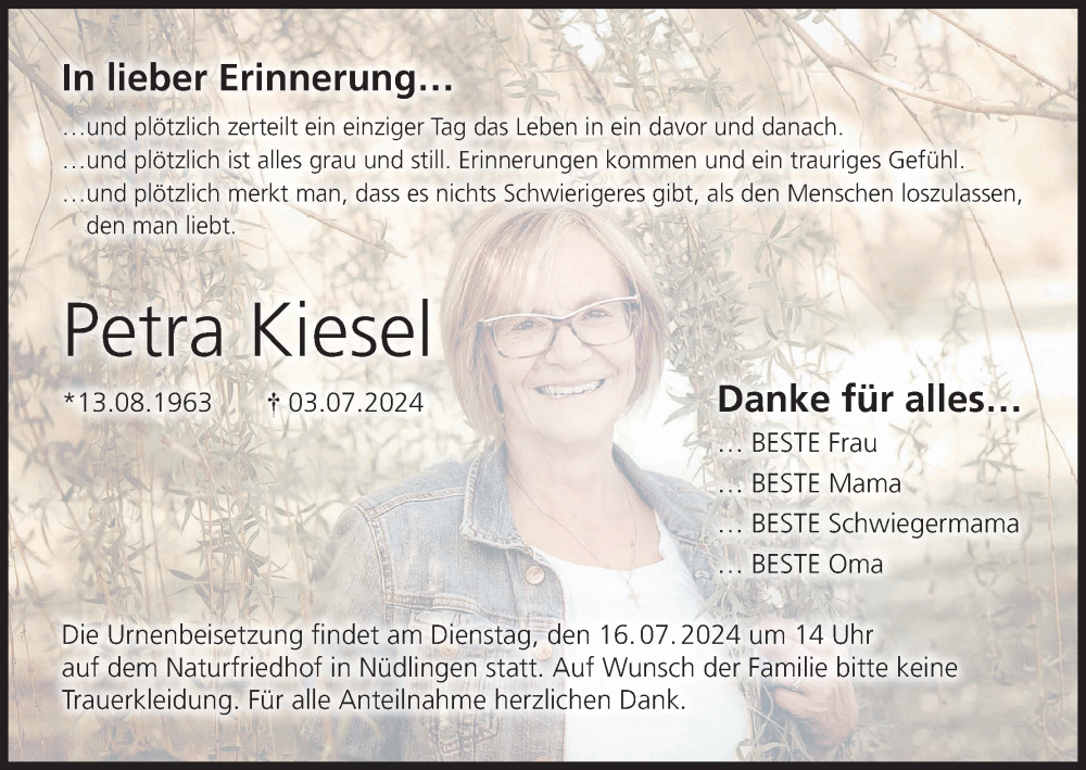  Traueranzeige für Petra Kiesel vom 13.07.2024 aus MGO