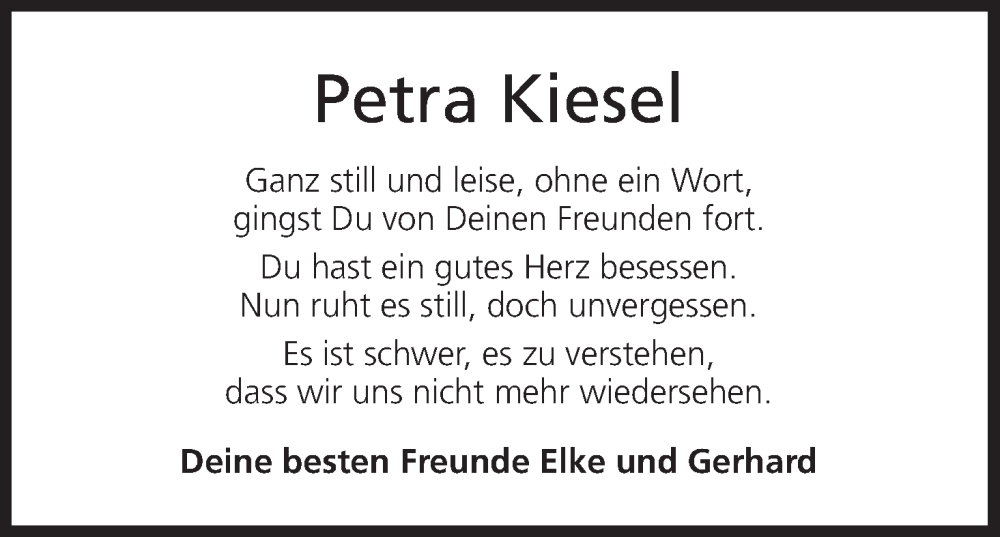  Traueranzeige für Petra Kiesel vom 13.07.2024 aus MGO