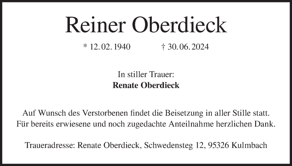  Traueranzeige für Reiner Oberdieck vom 10.07.2024 aus MGO