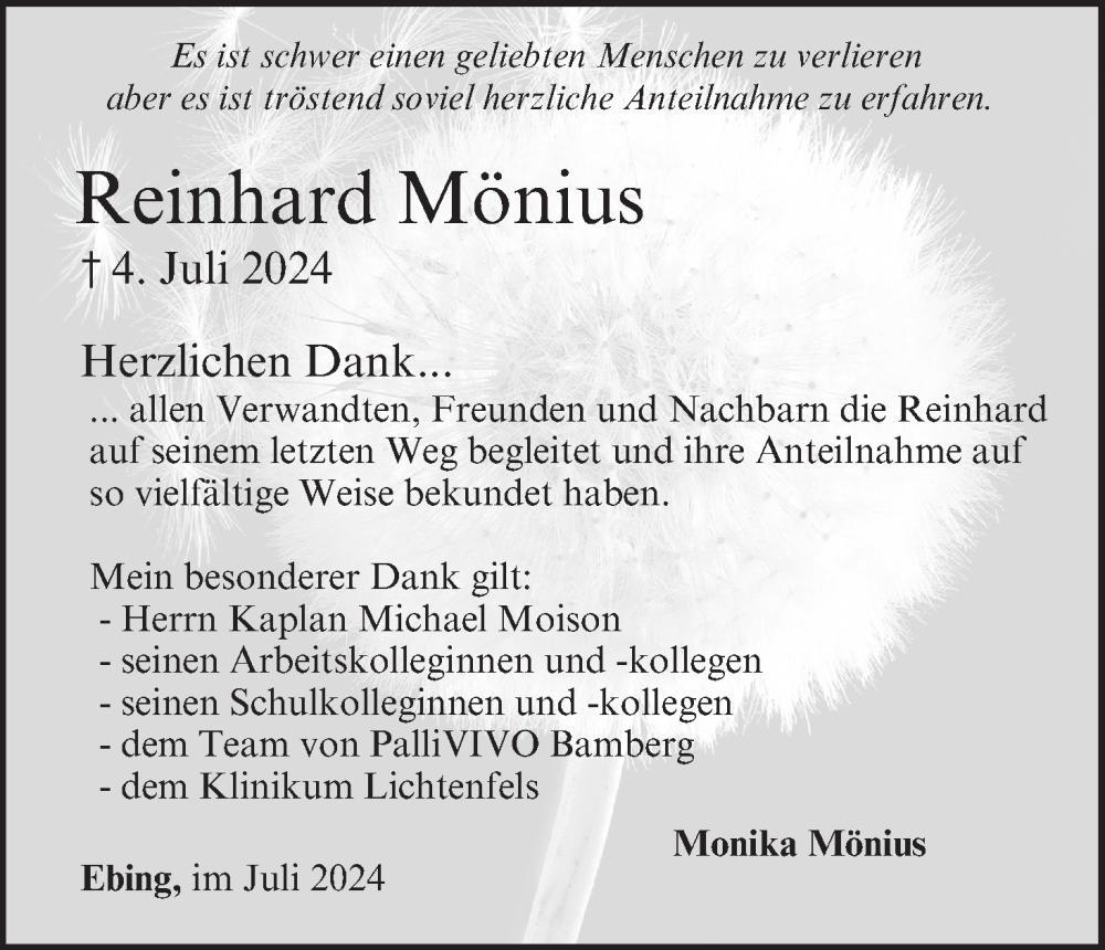  Traueranzeige für Reinhard Mönius vom 20.07.2024 aus MGO