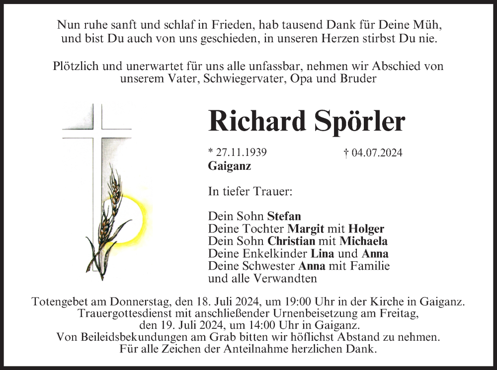  Traueranzeige für Richard Spörler vom 13.07.2024 aus MGO