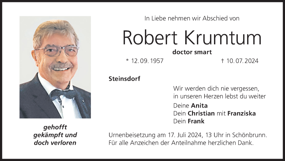  Traueranzeige für Robert Krumtum vom 13.07.2024 aus MGO
