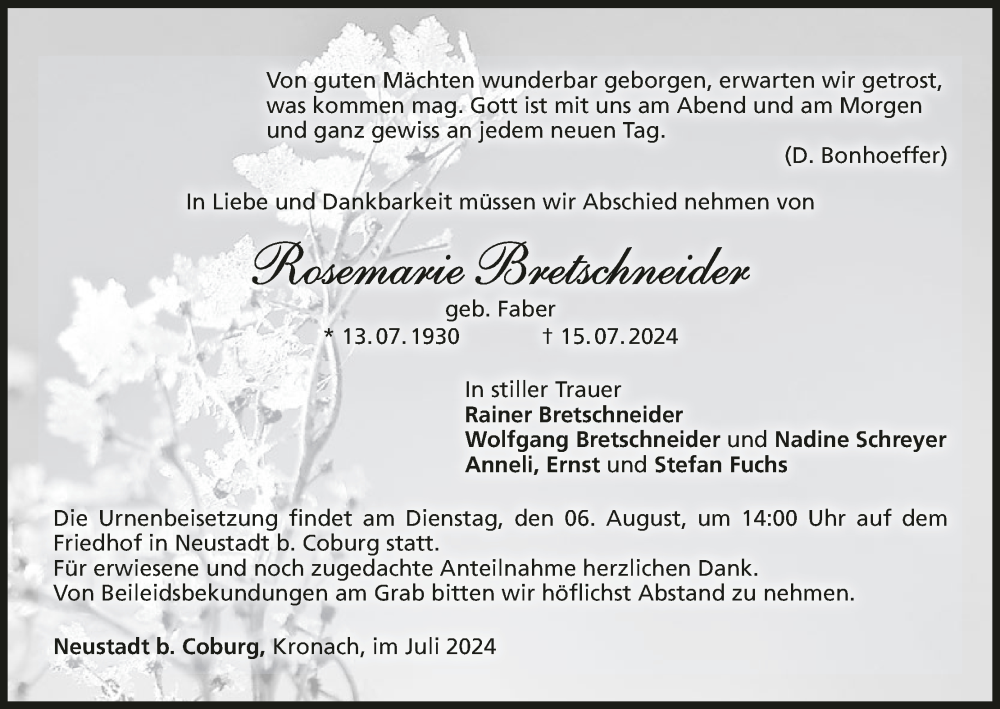  Traueranzeige für Rosemarie Bretschneider vom 27.07.2024 aus MGO