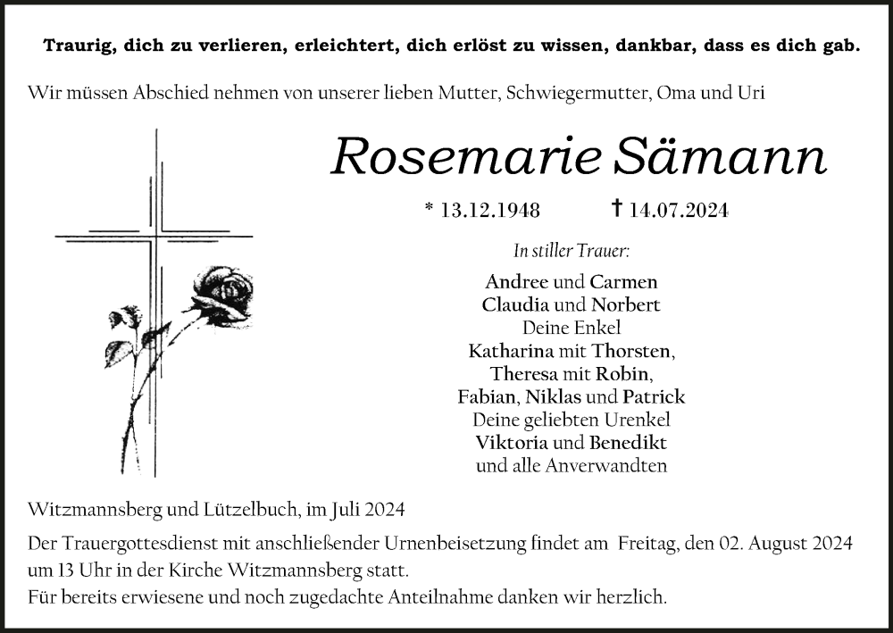  Traueranzeige für Rosemarie Sämann vom 20.07.2024 aus MGO
