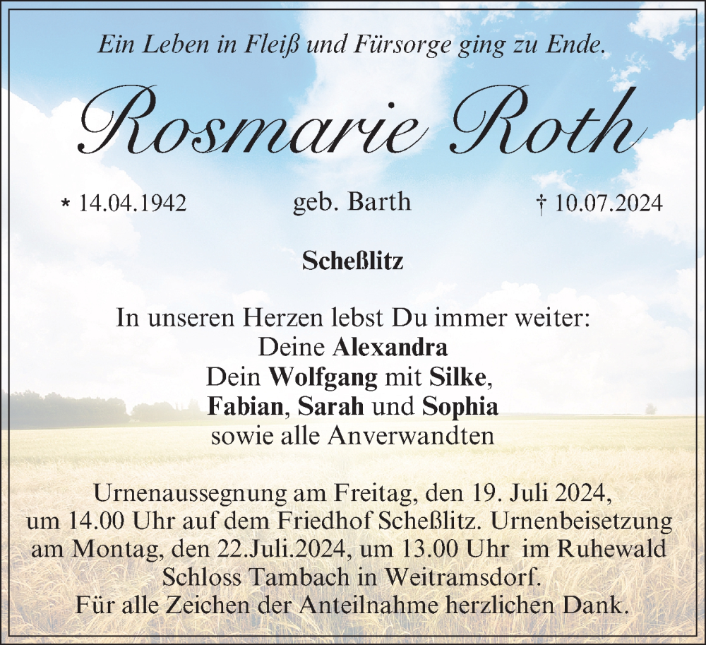  Traueranzeige für Rosmarie Roth vom 13.07.2024 aus MGO