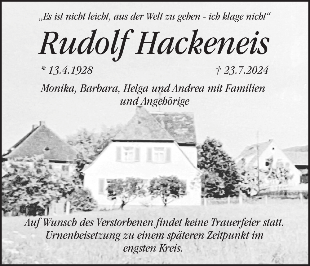  Traueranzeige für Rudolf Hackeneis vom 27.07.2024 aus MGO