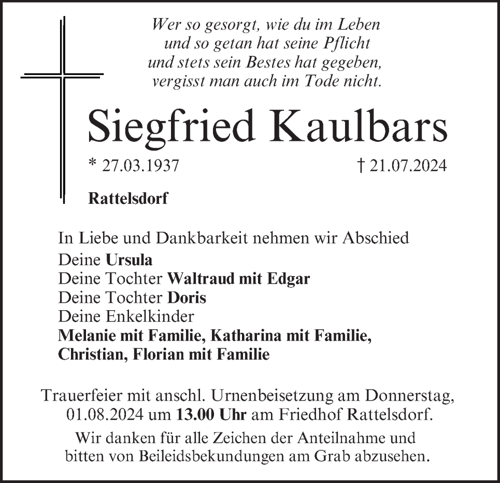  Traueranzeige für Siegfried Kaulbars vom 27.07.2024 aus MGO