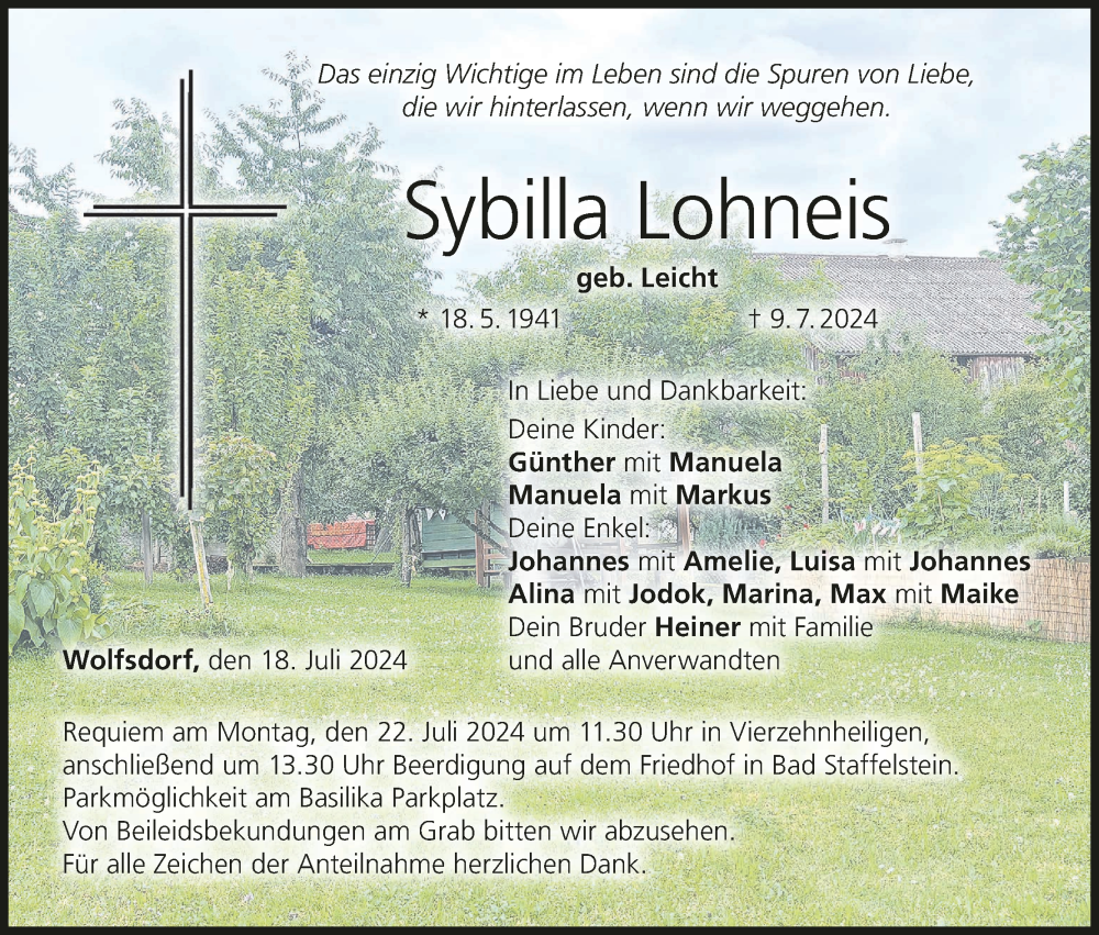  Traueranzeige für Sybilla Lohneis vom 18.07.2024 aus MGO