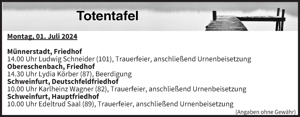  Traueranzeige für Totentafel vom 01.07.2024 vom 01.07.2024 aus MGO