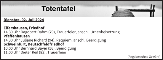 Anzeige von Totentafel vom 02.07.2024 von MGO