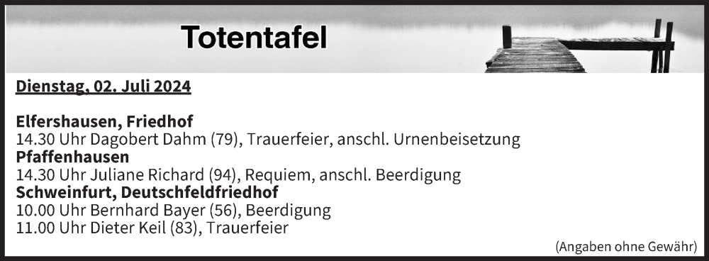  Traueranzeige für Totentafel vom 02.07.2024 vom 02.07.2024 aus MGO