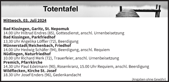 Anzeige von Totentafel vom 03.07.2024 von MGO