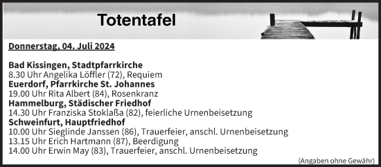 Anzeige von Totentafel vom 04.07.2024 von MGO