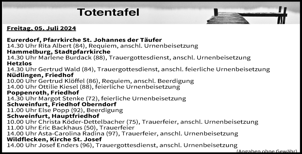  Traueranzeige für Totentafel vom 05.07.2024 vom 05.07.2024 aus MGO