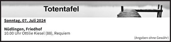 Anzeige von Totentafel vom 06.07.2024 von MGO
