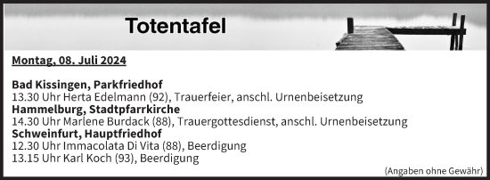 Anzeige von Totentafel vom 08.07.2024 von MGO