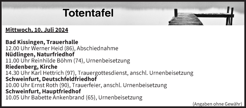  Traueranzeige für Totentafel vom 10.07.2024 vom 10.07.2024 aus MGO