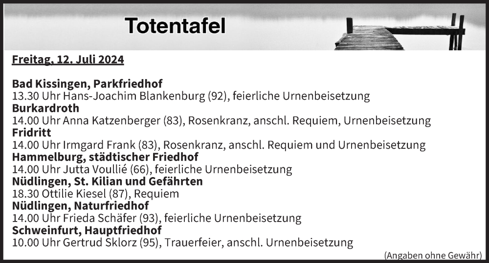  Traueranzeige für Totentafel vom 12.07.2024 vom 12.07.2024 aus MGO