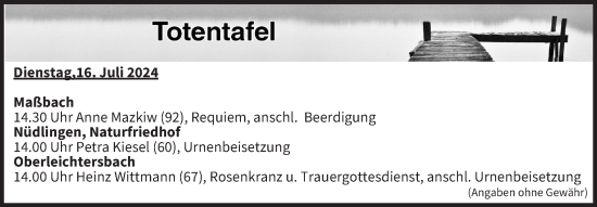 Anzeige von Totentafel vom 16.07.2024 von MGO
