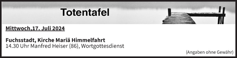  Traueranzeige für Totentafel vom 17.07.2024 vom 17.07.2024 aus MGO
