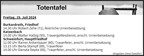 Anzeige von Totentafel vom 19.07.2024 von MGO