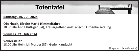 Anzeige von Totentafel vom 20.07.2024 von MGO