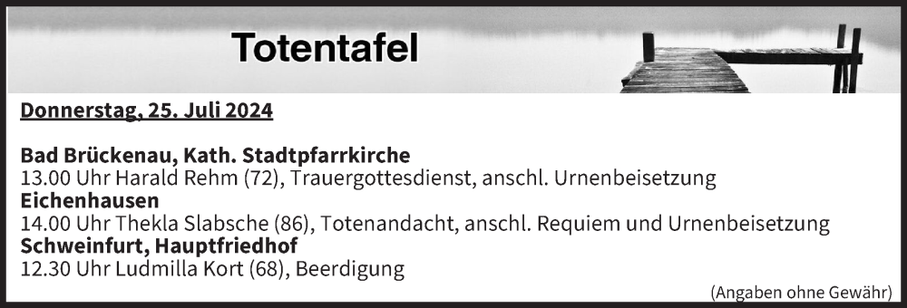  Traueranzeige für Totentafel vom 25.07.2024 vom 25.07.2024 aus MGO