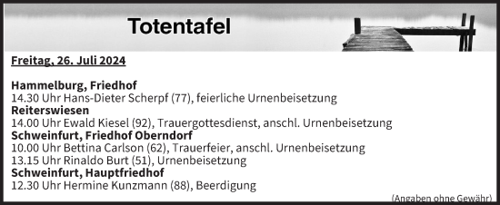 Anzeige von Totentafel vom 26.07.2024 von MGO