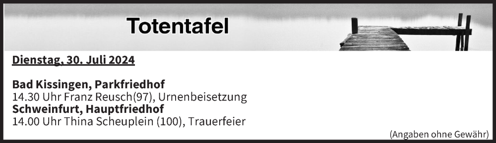  Traueranzeige für Totentafel vom 30.07.2024 vom 30.07.2024 aus MGO