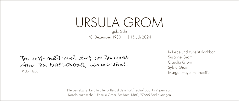  Traueranzeige für Ursula Grom vom 27.07.2024 aus MGO