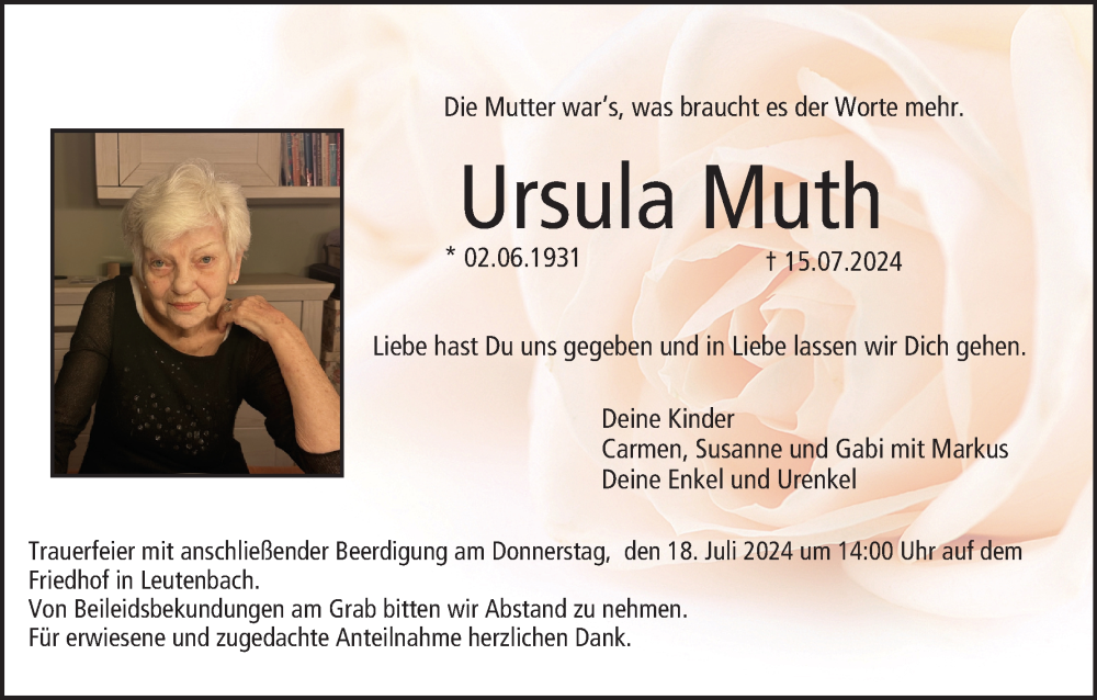  Traueranzeige für Ursula Muth vom 17.07.2024 aus MGO