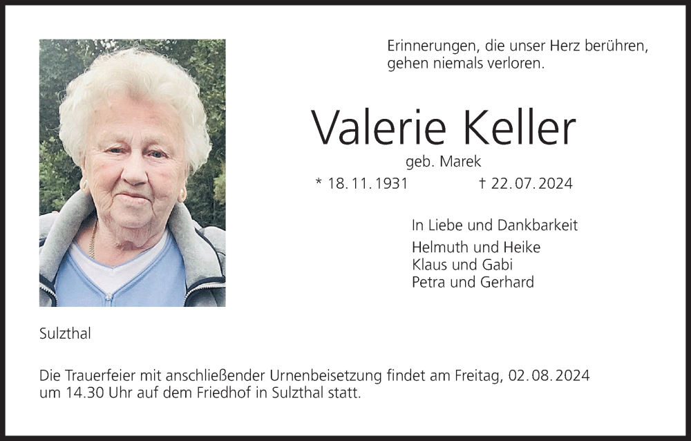  Traueranzeige für Valerie Keller vom 27.07.2024 aus MGO