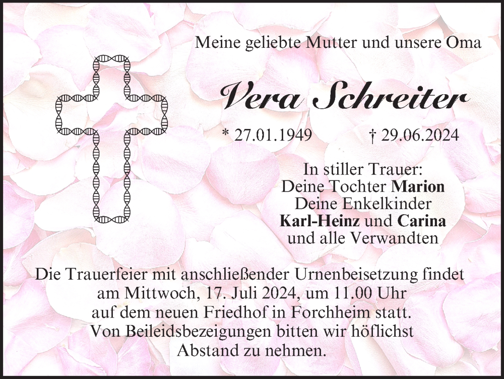 Traueranzeige für Vera Schreiter vom 13.07.2024 aus MGO