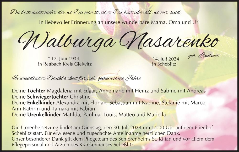 Traueranzeige für Walburga Nasarenko vom 27.07.2024 aus MGO