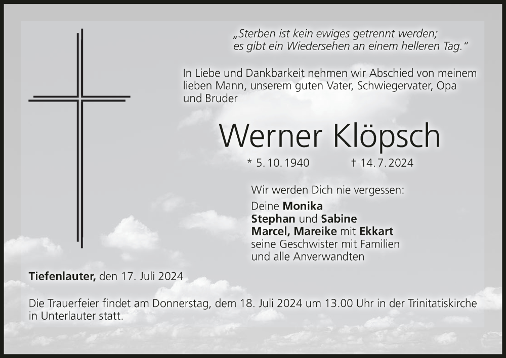  Traueranzeige für Werner Klöpsch vom 17.07.2024 aus MGO