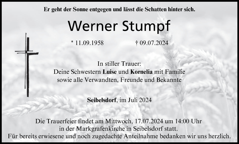  Traueranzeige für Werner Stumpf vom 13.07.2024 aus MGO