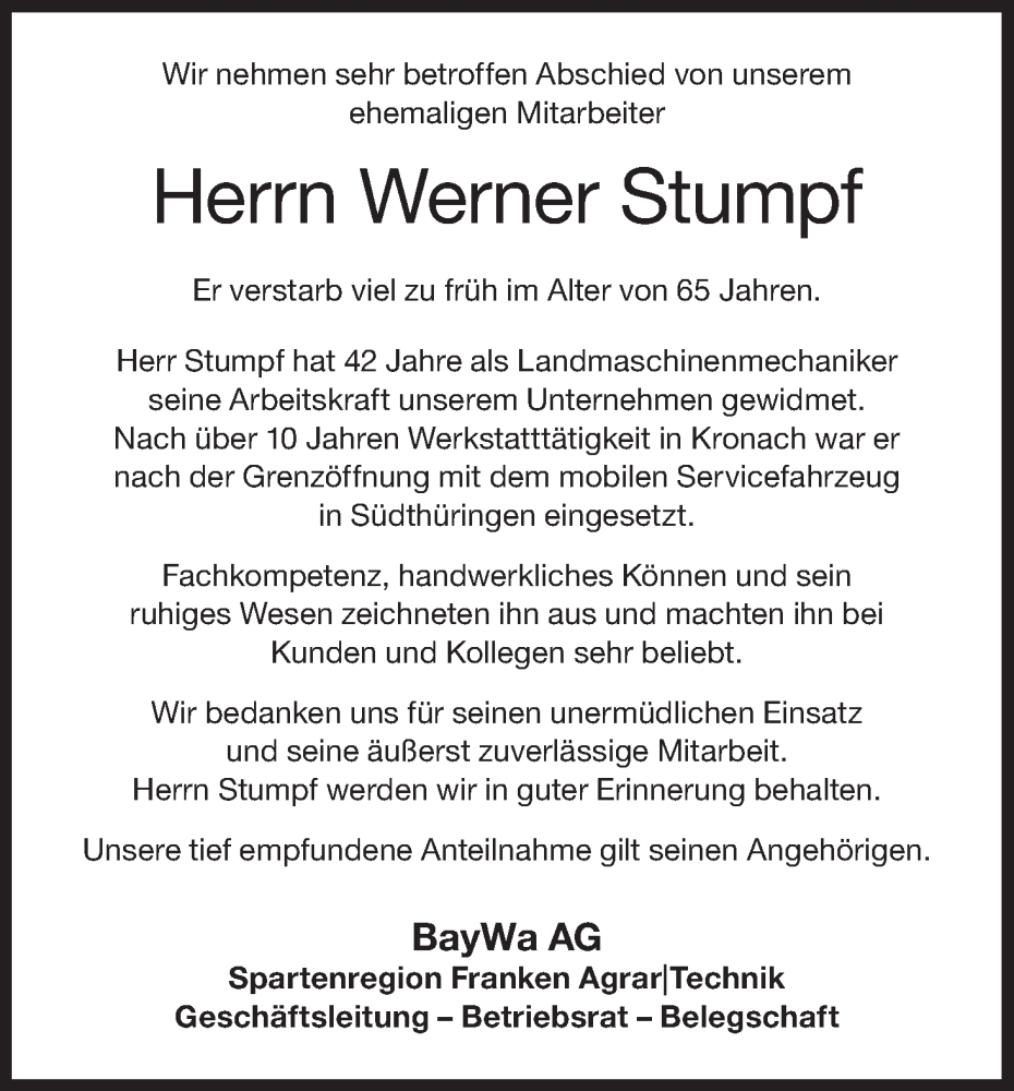  Traueranzeige für Werner Stumpf vom 18.07.2024 aus MGO